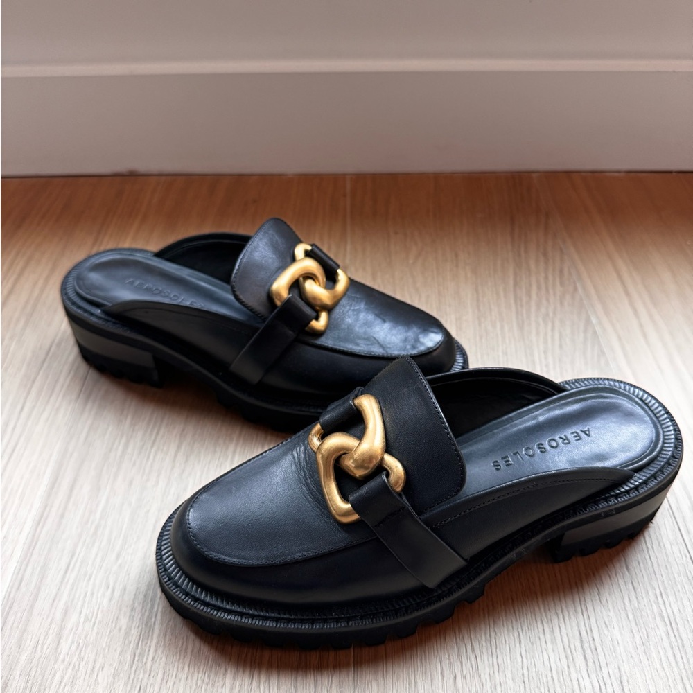AEROSOLES Black and Gold Platform Mules